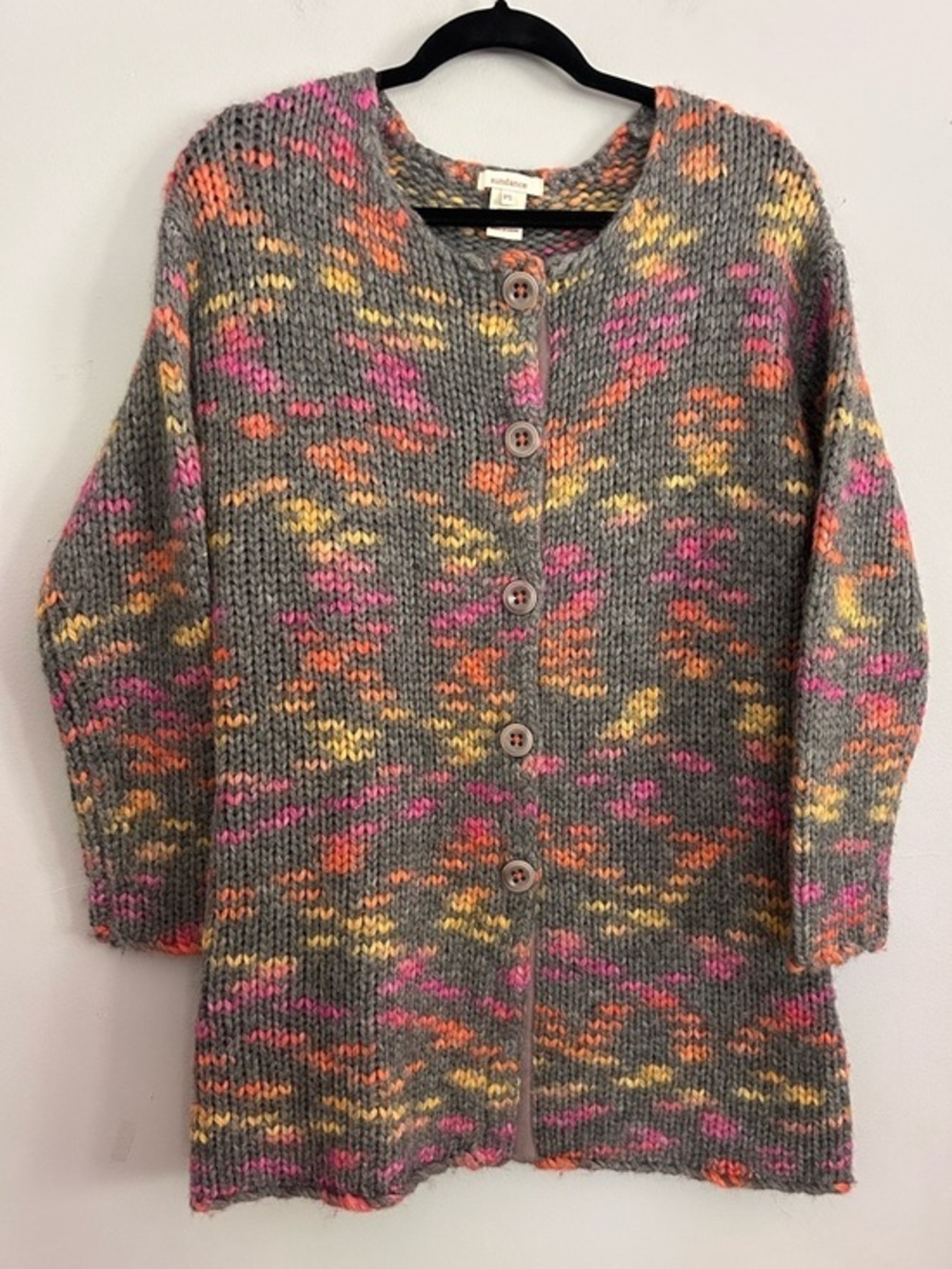 Sundance Wool Blend Cardigan Sweater Chunky Knit Gray Multi PS Boho Cozy Staple